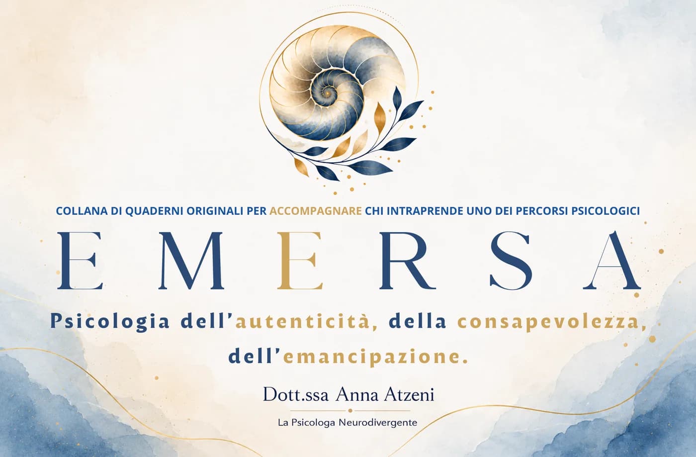 Copertina della collana EMERSA: una conchiglia nautilus dipinta ad acquerello nei toni del blu e dell'oro